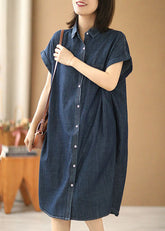 Navy Solid Color Peter Pan Collar Button Cotton Denim Dresses Short Sleeve